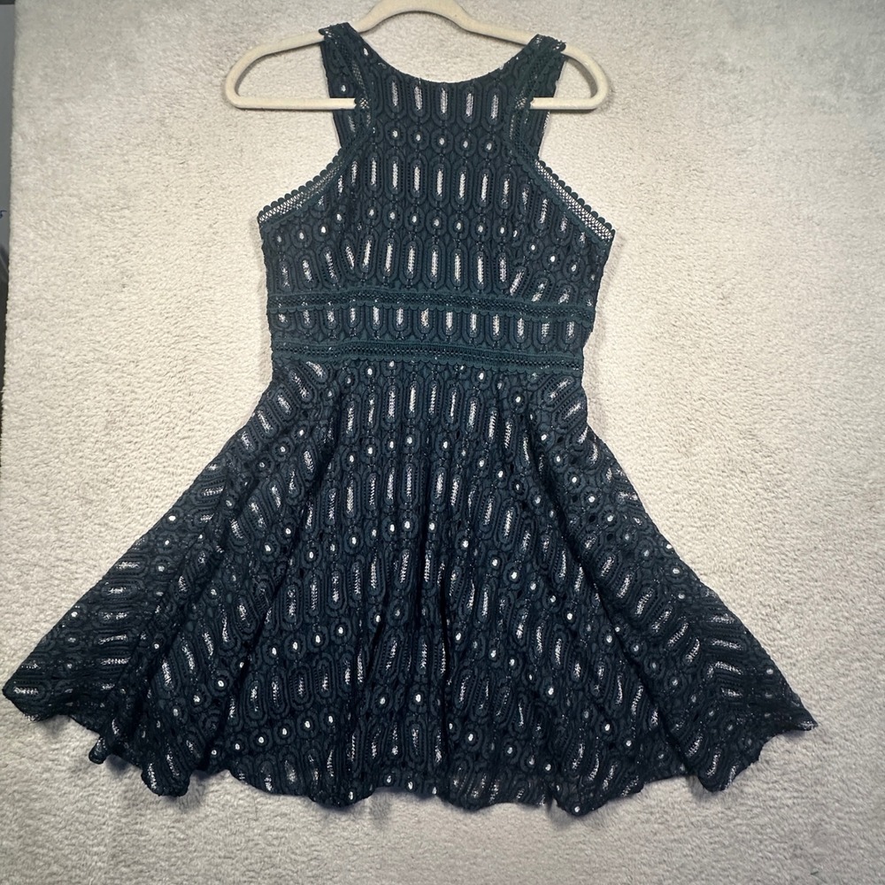 Francescas Dress Women Medium Teal Geometric Lace Metallic Fit Flare Cocktail